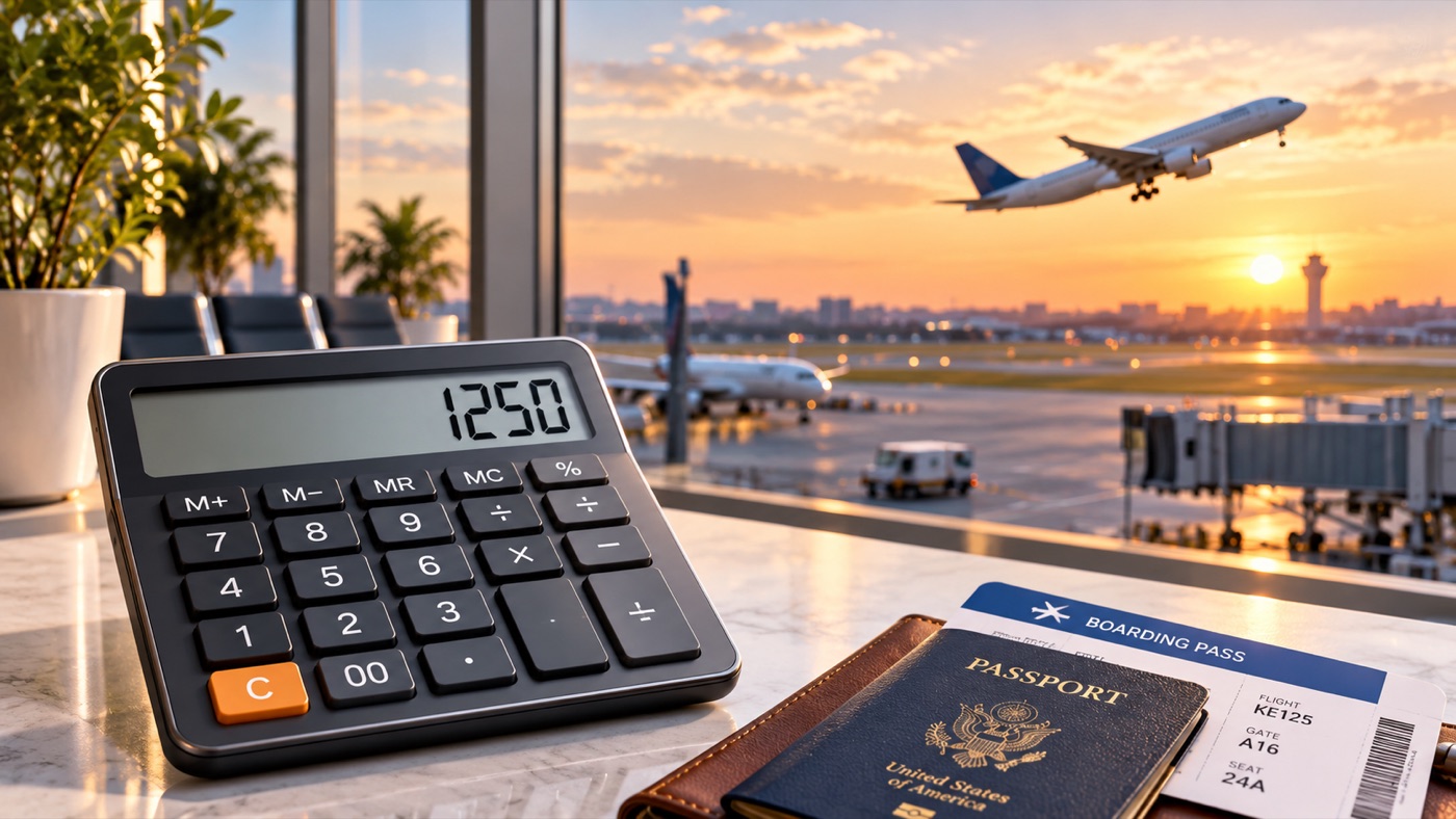 Calculadora y pasaporte frente a un avión al atardecer