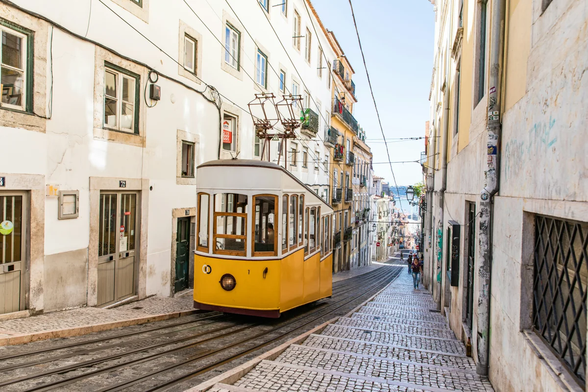 Funicular amarillo en una calle empinada de Lisboa